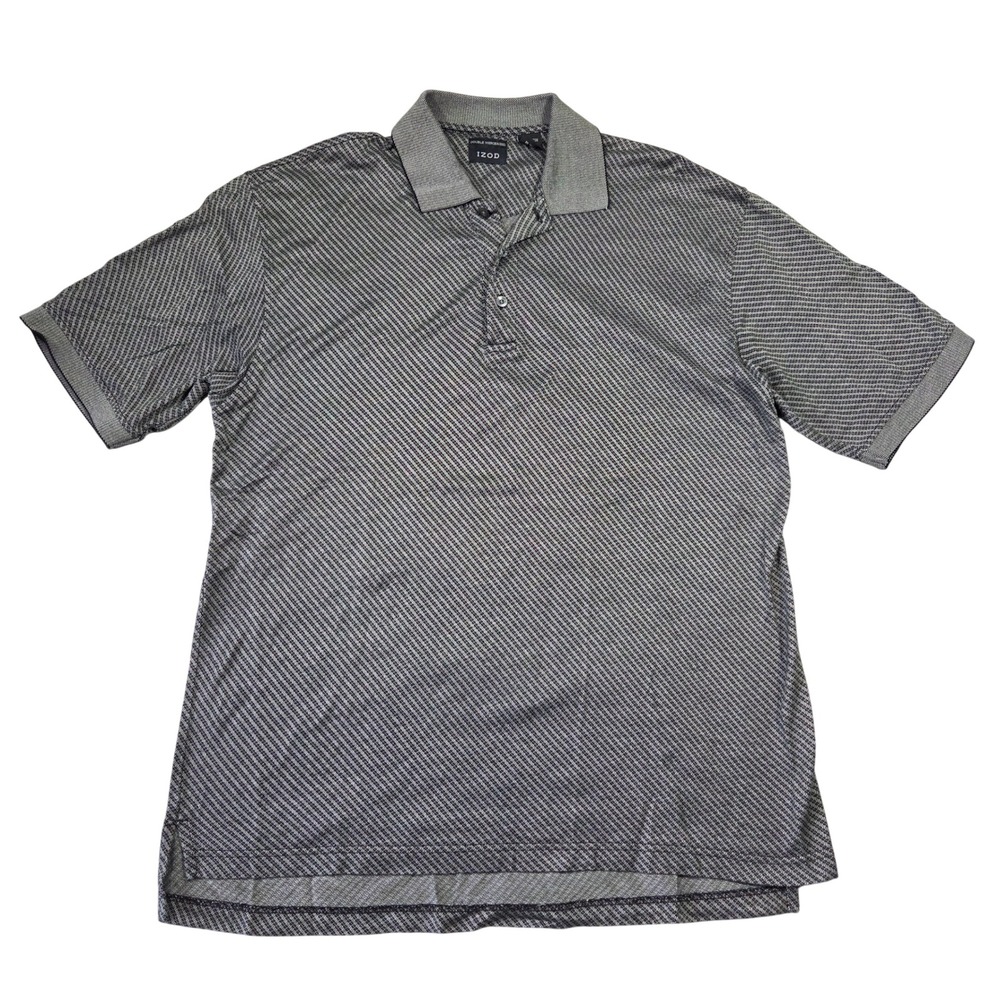 IZOD Mens Large Grey Black Diagonal Pattern Cotton Polo Shirt Skater Grunge Punk
